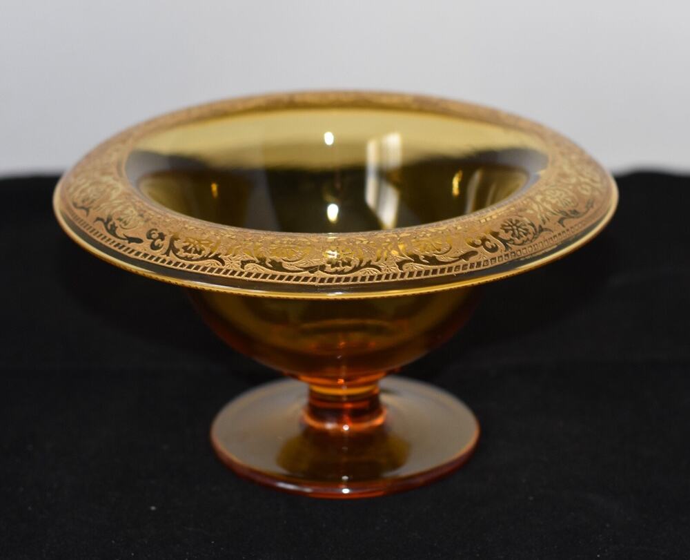 Tiffin Depression Amber Glass Mayonnaise Pedestal Compote Gold Encrusted Rim